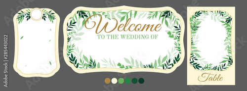 Vector template with tree leaves for personalised wedding signs. Simple empty frame for invitation text, menu, table number, guest sitting list. Printable DIY paper cut. Place for name of groom bride