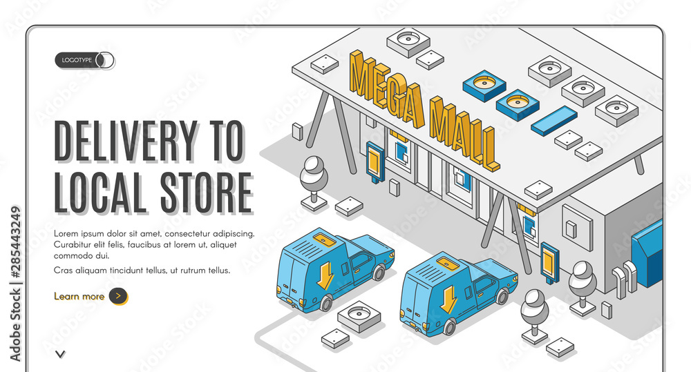Delivery to local store isometric web banner, shipping freight trucks stand on parking at huge mega mall building. Warehouse logistic and goods distribution service. 3d vector landing page, line art