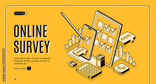 Online survey isometric web banner, stylus pen put mark on digital document checklist at tablet screen, customer questionnaire, feedback service internet technology. 3d vector landing page, line art
