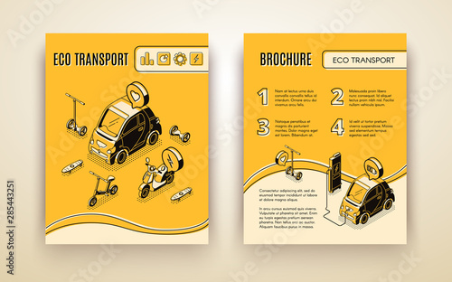 Eco transport isometric banner and brocure set templates, electric car charging, bicycle, hoverboard, bike, scooter and skateboard ecological friendly transportation, city vehicles 3d vector, line art photo