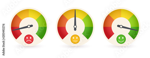 Business meter or business indicator template with emotional cartoon face. Abstract Rating icons. Quality control vector illustration.