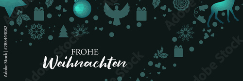 Weihnachtsbanner - grüne Weihnachtssymbole mit Polygon Elementen auf dunklem Hintergrund