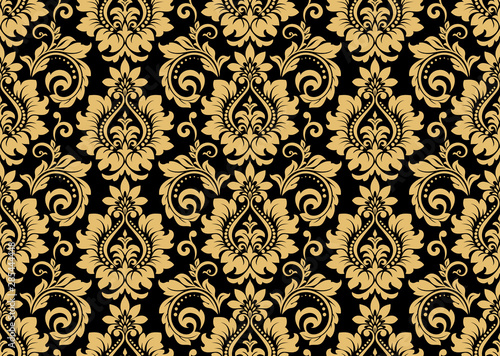 Wallpaper in the style of Baroque. Seamless vector background. Gold and black floral ornament. Graphic pattern for fabric, wallpaper, packaging. Ornate Damask flower ornament