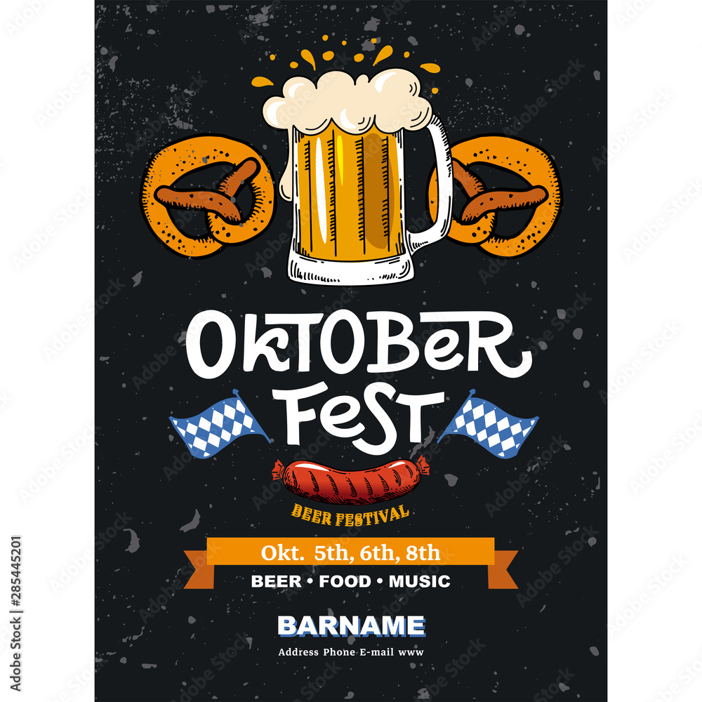 Lettering Oktoberfest. German beer festival in Munich. Concept design for  poster. with mug of beer, pretzel. Template in style flat vector  illustration for flyer. Stock Vector | Adobe Stock
