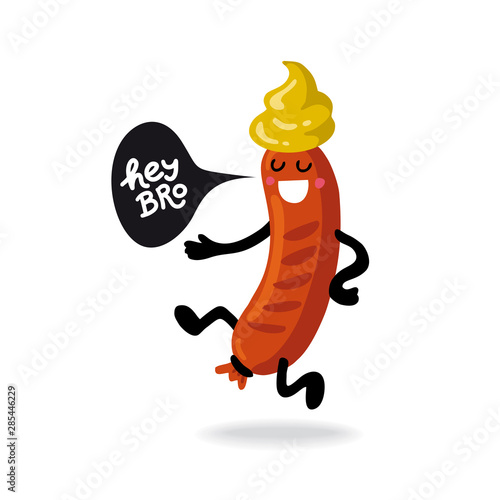 Oktoberfest- german beer festival in munich. Vintage food poster cartoon design. Kawaii character sausage with mustard dance and speak Hey Bro. Template flat vector illustration for card, print.