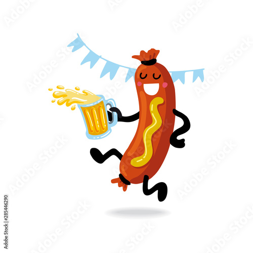 Oktoberfest- german beer festival in munich. Vintage food poster cartoon design. Funny kawaii sausage with mustard dance and drink beer. Template flat vector illustration for card, print.