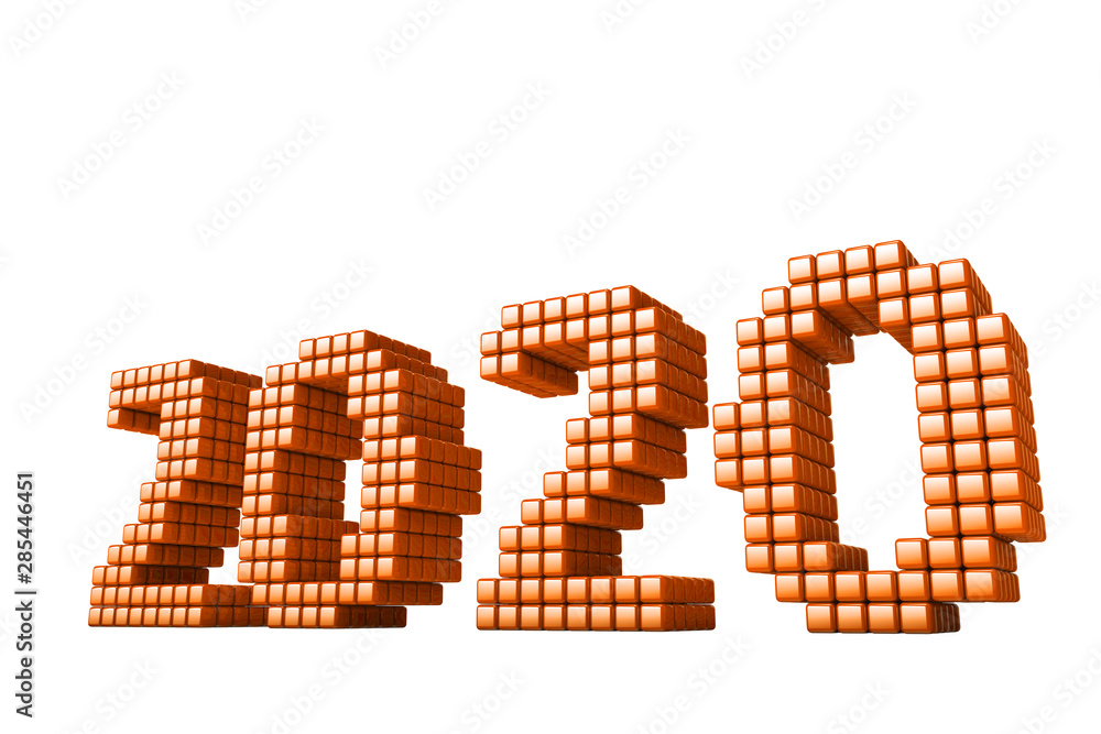 Concept of 2020 New Year text, made from cubes or pixels, isolated on white background without shadows. 3D Render