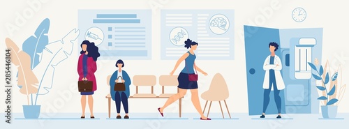 Women in Queue at Hospital Hall Flat Illustration