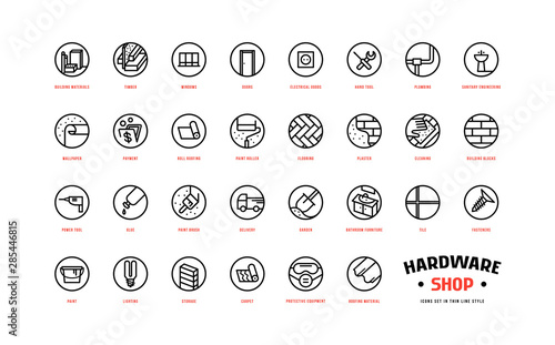 Hardware shop and building icons set in thin line style