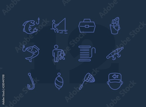 Fishing icon. Set of line icons on white background. Fish, catch, angling, harpoon. Fisherman concept. Vector illustration can be used for topics like leisure, recreation, hobby