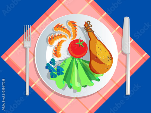 Ketogenic diet nutrition. White plate full of healthy food: avocado, bacon and scrambled eggs, low carb high healthy fats. Vector illustration for keto friendly eating