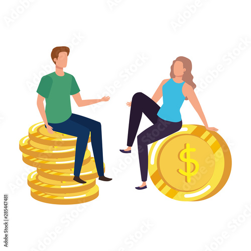 young couple with coins money avatars characters