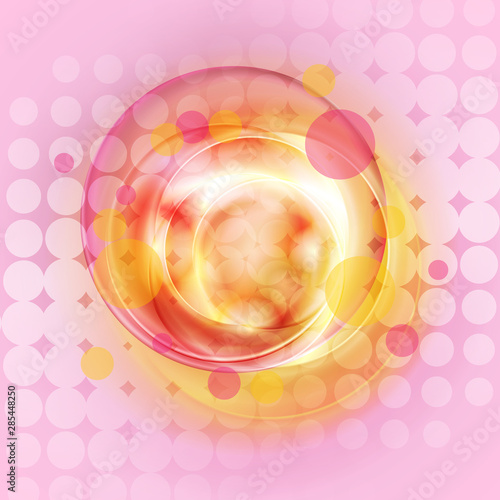 Cute pink and orange abstract glowing circles graphic design. Smooth flowing liquid rings and halftone background. Vector illustration