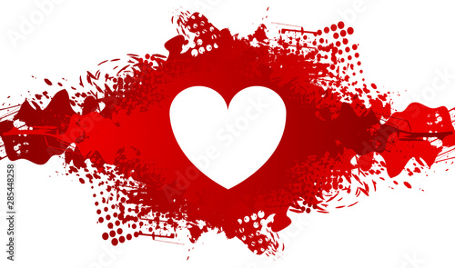 White heart shape on red grunge blot background. Valentines Day vector greeting card design