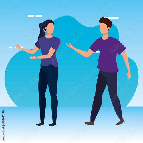 young couple with avatars characters