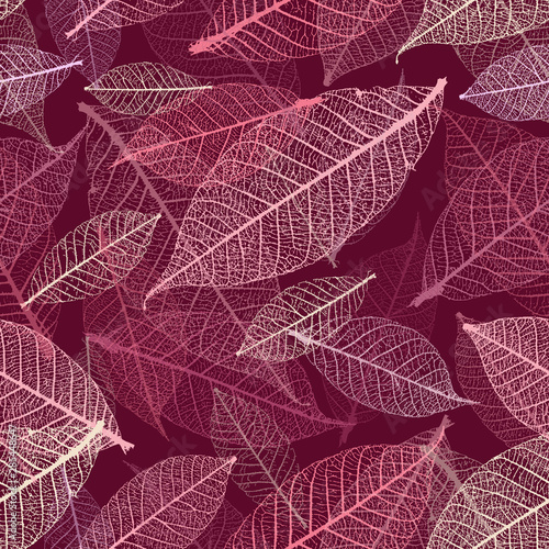 Autumnal skeleton leaves vector seamless pattern. Purple palette.