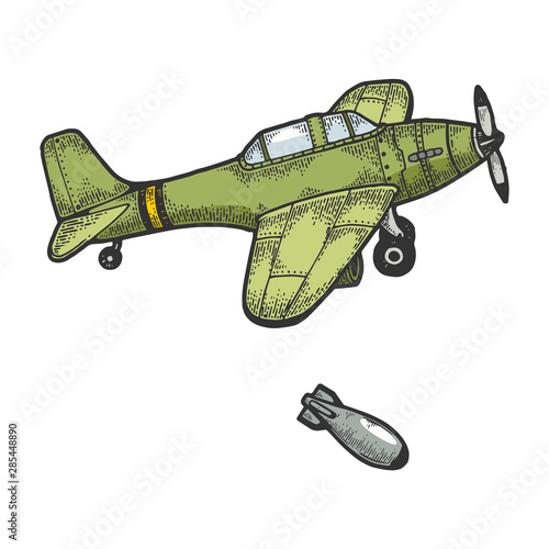Bomber plane drops bomb color sketch engraving vector illustration. Scratch board style imitation. Hand drawn image.