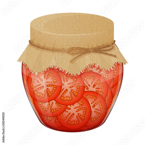 glass jar with home made tomatoes. Realistic style. Vector illustration. Isolated on white.