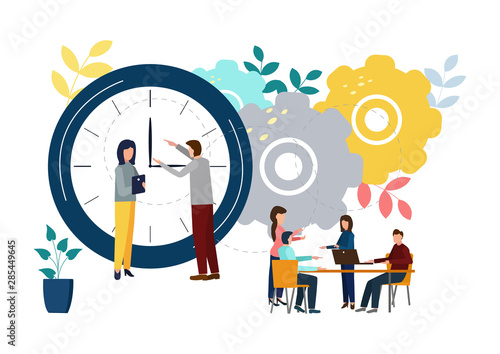 Vector illustration, round clock on white background, time management concept.