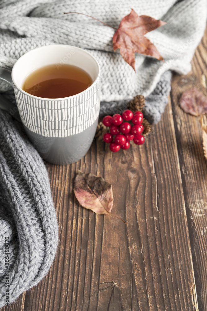 Composition with hot drink on wooden table Composition with hot drink on wooden table