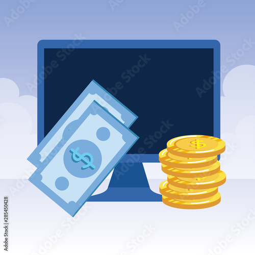 desktop computer with bills and coins