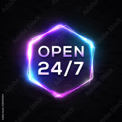 Neon open sign 24 7 on black brick wall. Light vector background with glowing hexagon electric frame. 1980 style 3d realistic design element for 24 Hours Club, Bar, Cafe. Bright vector illustration.