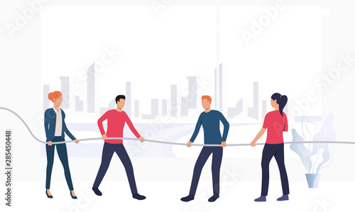 Business people competing in tug-of-war. Male and female cartoon characters pulling on opposite ends of rope in city. Vector illustration for banner, postcard, advertising