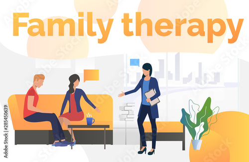 Family therapy text with couple sitting in psychologist office vector illustration. Visit, psychotherapist, counseling. Family therapy. Can be used for webpages, presentations, posters