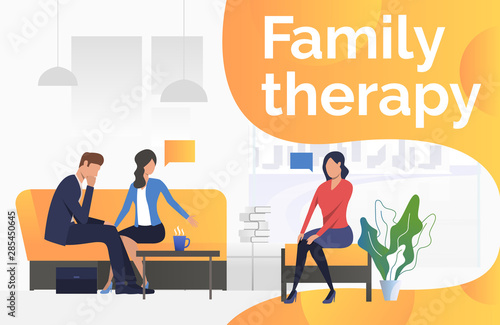 Family therapy text with psychologist talking to couple vector illustration. Family problem, divorce, counselor. Family therapy. Can be used for webpages, presentations, posters
