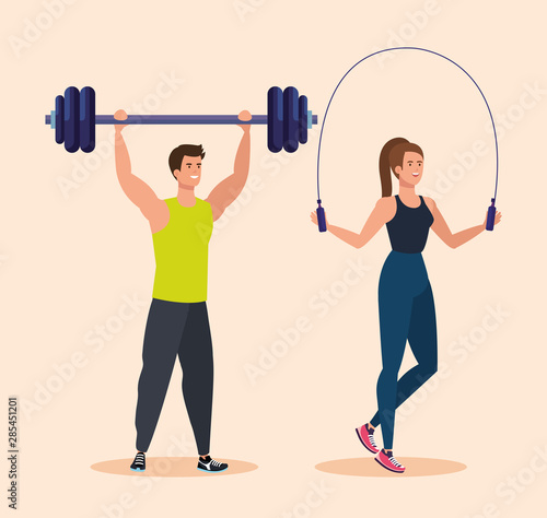 man with weight and woman jumping rope to sport activity