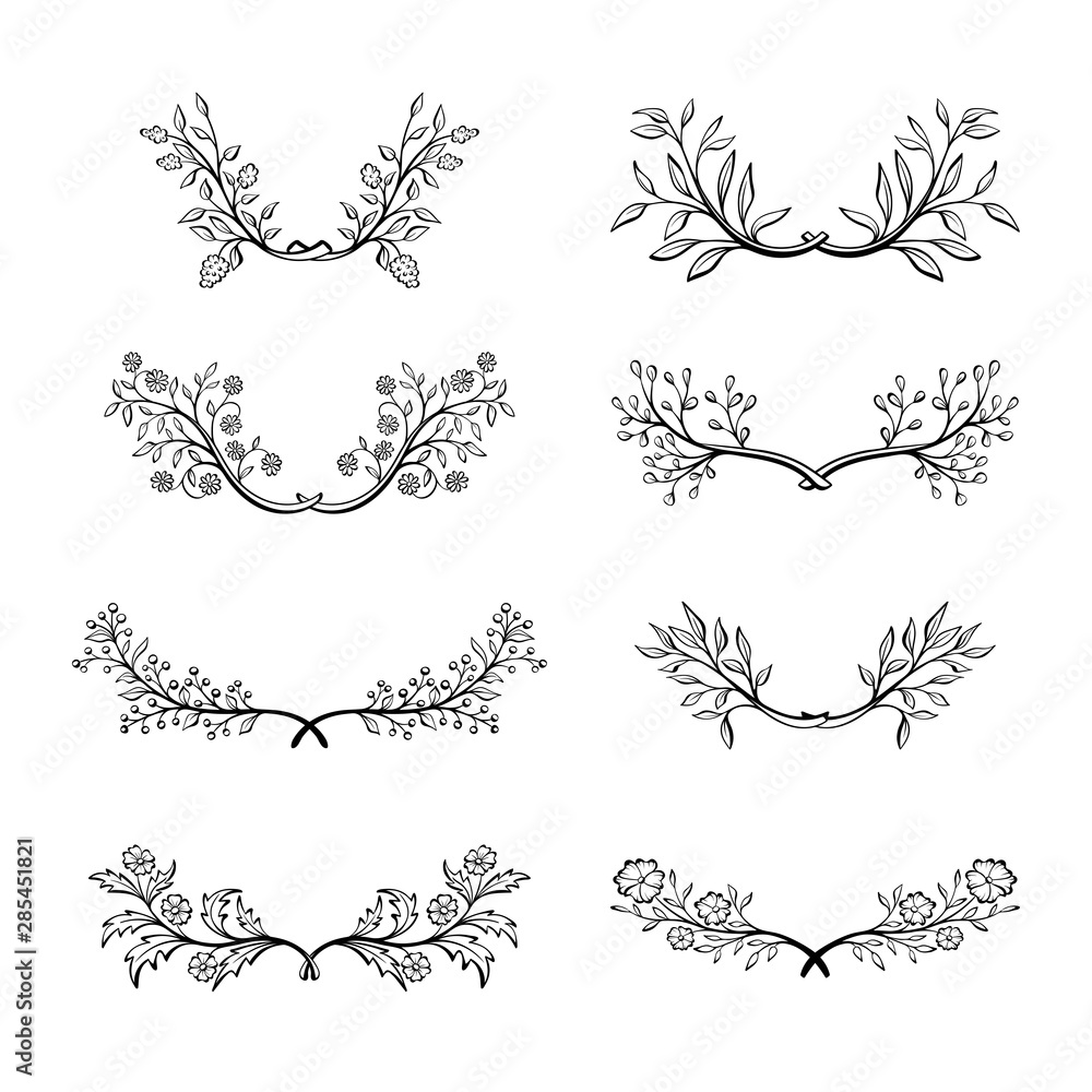 Obraz premium Hand drawn doodle floral wreath collection. Decorative element set. Rustic laurels collection