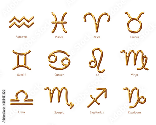 Golden zodiac symbols isolated on white background. Luxury star signs set for astrology horoscope predictions. Glossy zodiac icons. Realistic gold design of horoscope constellation vector illustration