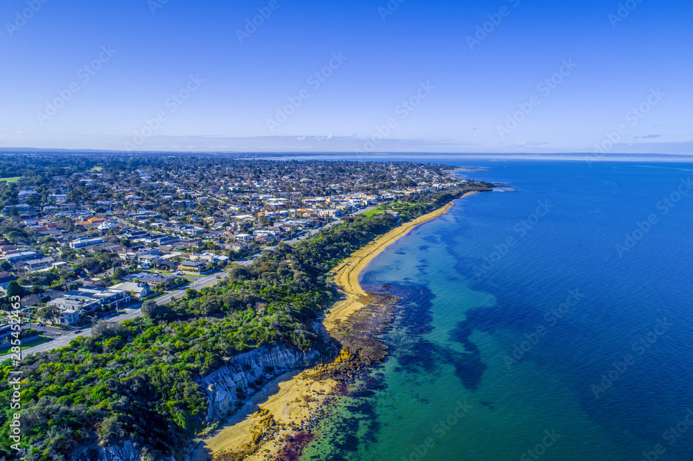Aerial view of Black Rock suburb and beautiful Port Phillip Bay coastline in Melbourne, Australia