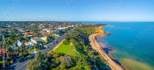 Aerial landscape of Beach Road and Black Rock suburb on beautiful Port Phillip Bay coastline in Melbourne, Australia