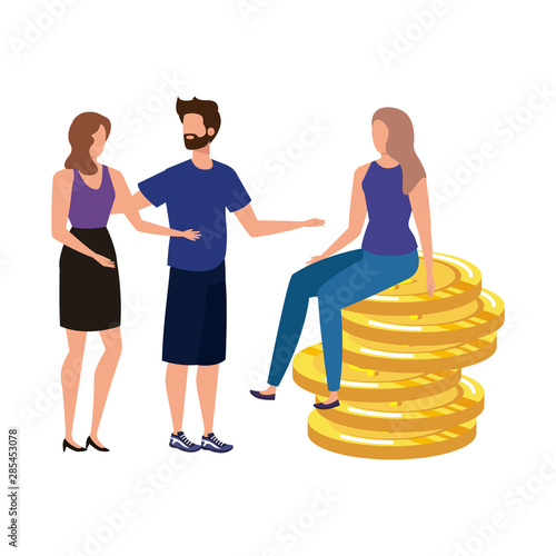 group of people with coins money dollars characters