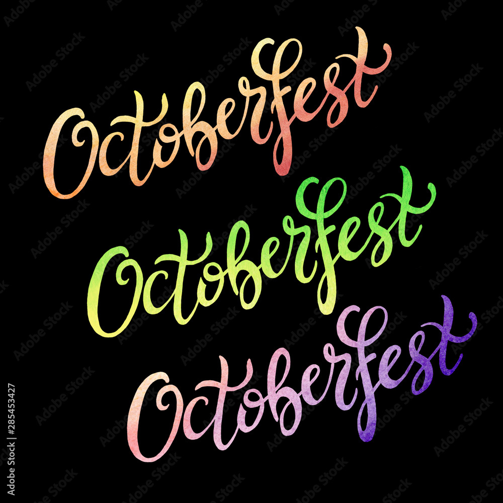 Octoberfest handwritten colorful watercolor lettering on black background. Oktoberfest typography design for greeting cards and poster