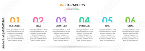 Concept of arrow business model with 6 successive steps. Five colorful rectangular elements. Timeline design for brochure, presentation. Infographic design layout.
