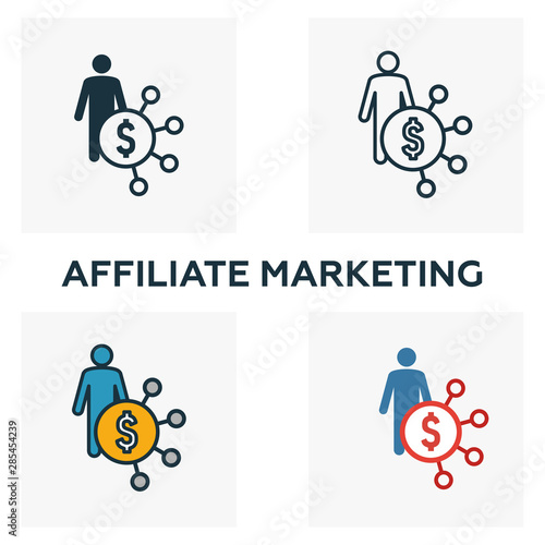Affiliate Marketing icon set. Four elements in diferent styles from advertising icons collection. Creative affiliate marketing icons filled, outline, colored and flat symbols