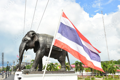 Rayong Thailand June 06 2019 Piemphong Sarn Bridge. Black Elephant Stucco  standing. Bridge for use in the return of people and vehicles. Black Elephant stucco on white background. photo