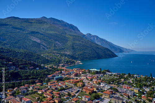 Panorama of Lake Garda surrounded by mountains in Riva del Garda, Italy. Lake Garda Italy. Aerial view