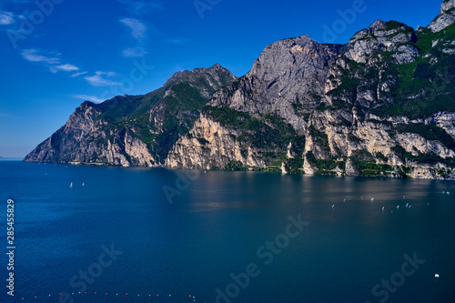 Panorama of Lake Garda surrounded by mountains in Riva del Garda  Italy. Lake Garda Italy. Aerial view