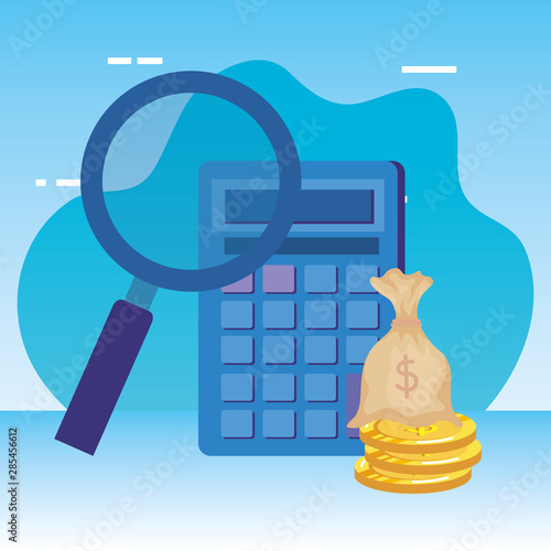 calculator math with magnifying glass and money