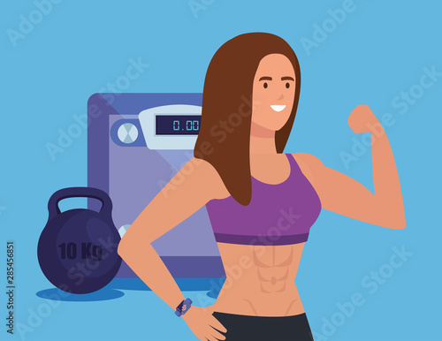 fitness woman with weight machine and dumbbell