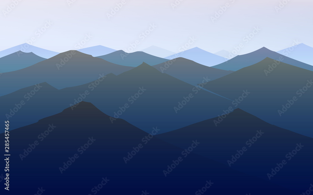 Fototapeta premium Dark blue mountains. Amazing Foggy layered landscape. Hiking and camping concept. Swiss or Austrian Alps, sunset and forest. Vector illustration Background for travel banner or poster.