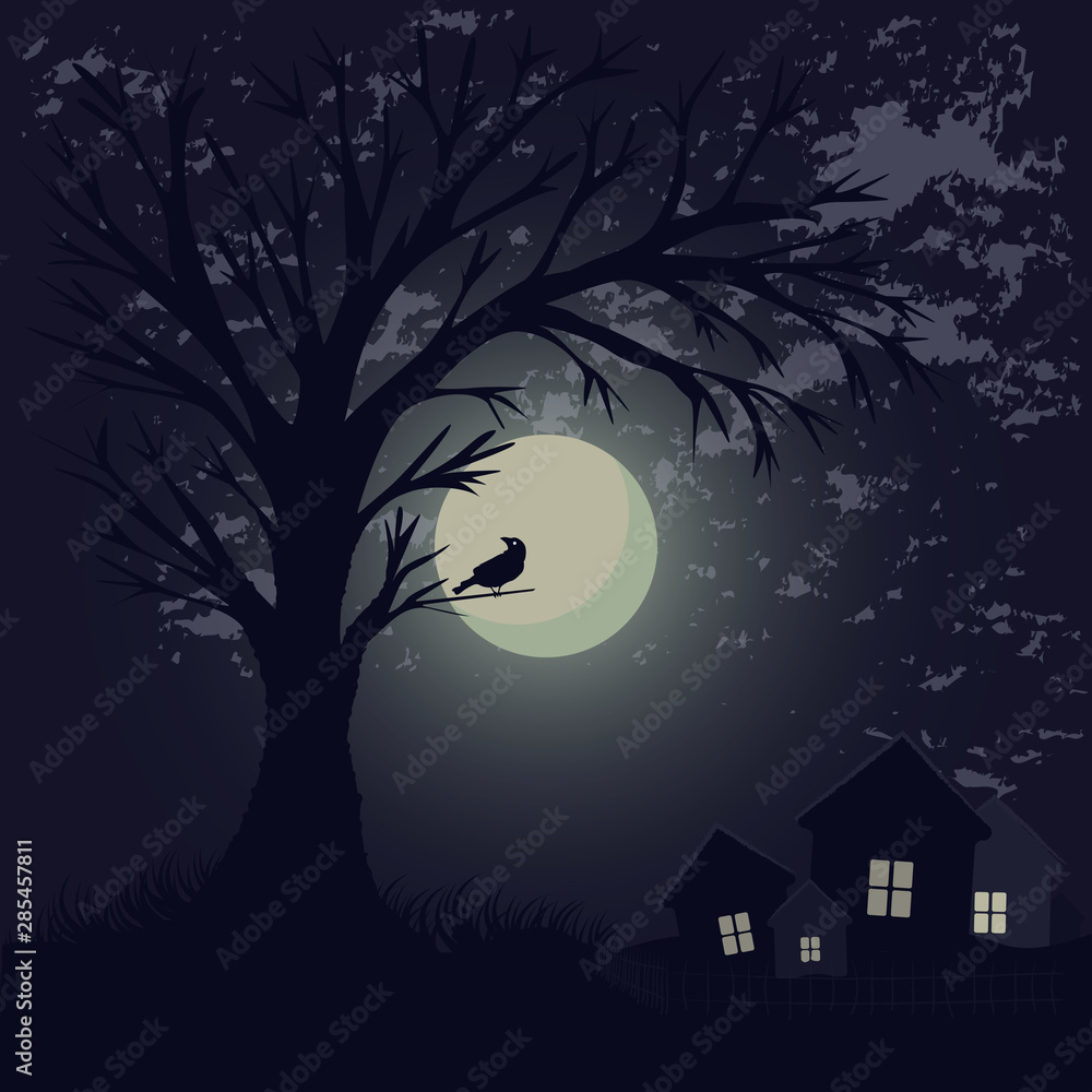 Illustration of a moonlit night. Full moon at night outside the city. Moonlit night and a tree without leaves with a lonely pnitsa on a branch. Night sky, moon and rare clouds.