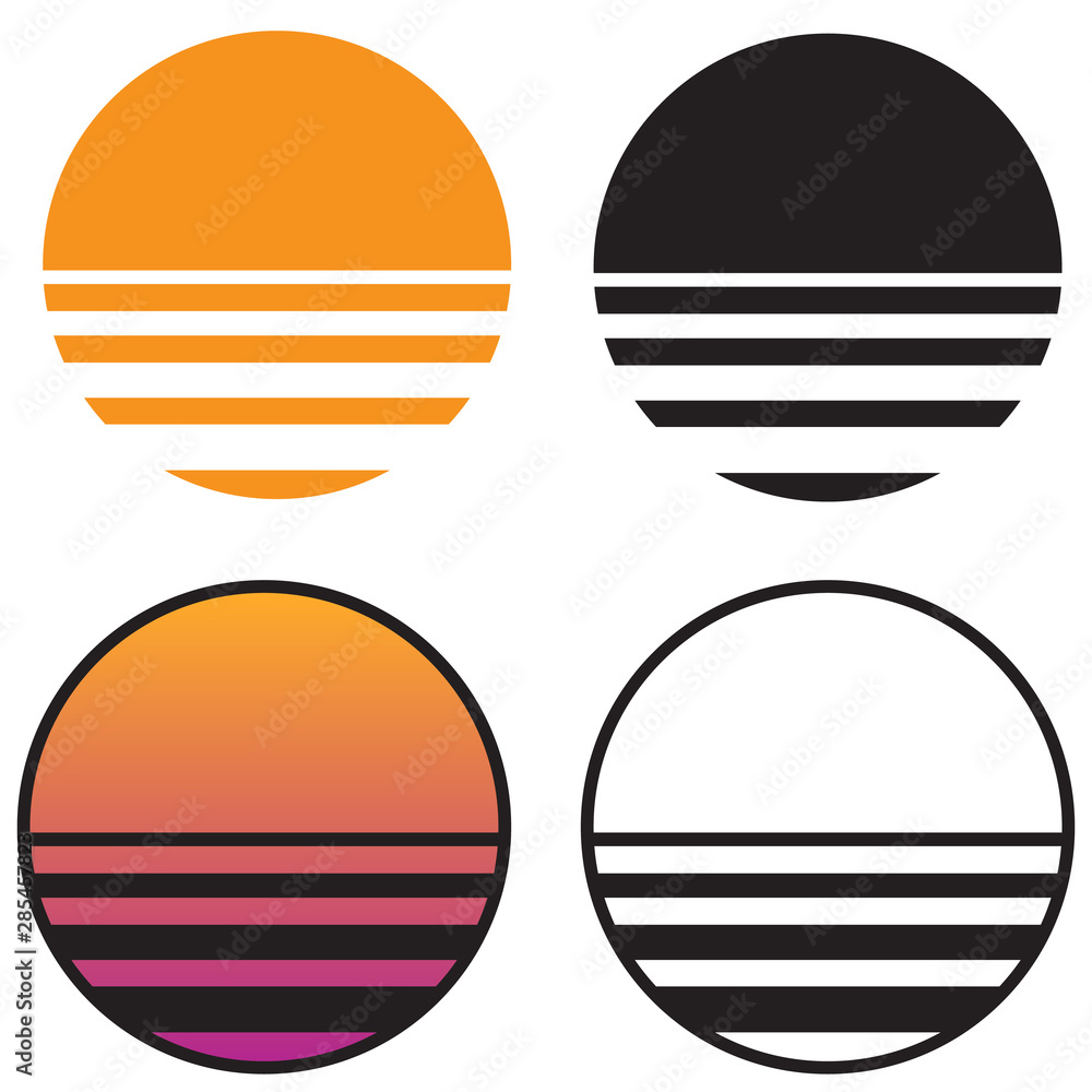 Classic Retro Sun Sunset isolated vector illustration in solid color, gradient color, and black and white versions Classic Retro Sun Sunset isolated vector illustration in solid color, gradient color, and black and white versions