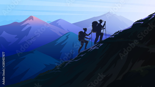 Dark blue mountains. Amazing Foggy layered landscape. Hiking and camping concept. Swiss or Austrian Alps, sunset and forest. Vector illustration Background for travel banner or poster.