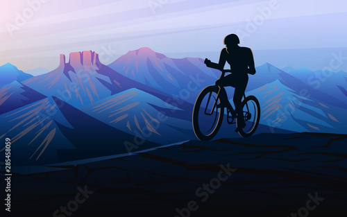 Fototapeta Naklejka Na Ścianę i Meble -  Biking tour downhill. Sunset in the mountains. Foggy layered landscape. Silhouette of a traveler discovering and exploring Swiss valley and Austrian Alps. Vector Background for banner and banner.