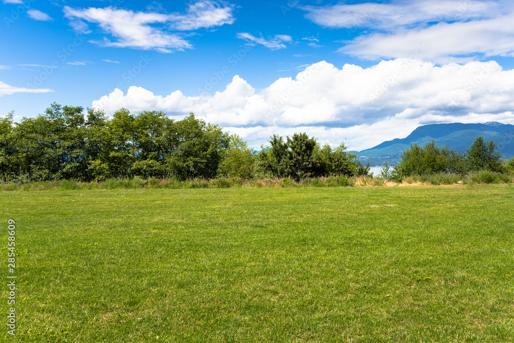 Empty meadow in a coast park with sea and mountains in background on a sunny summer day. Vancouver, BC, Canada.
