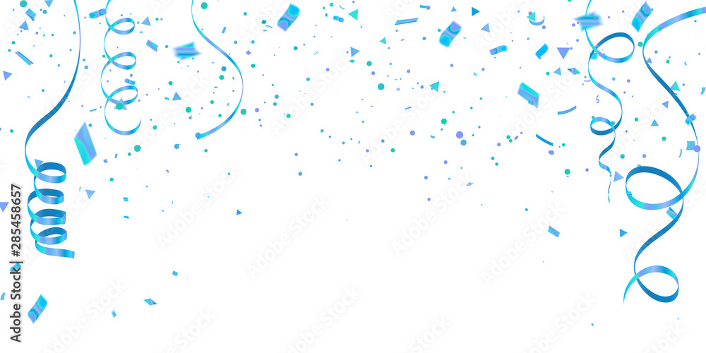 White background with blue confetti Celebration carnival ribbons. luxury greeting rich card.